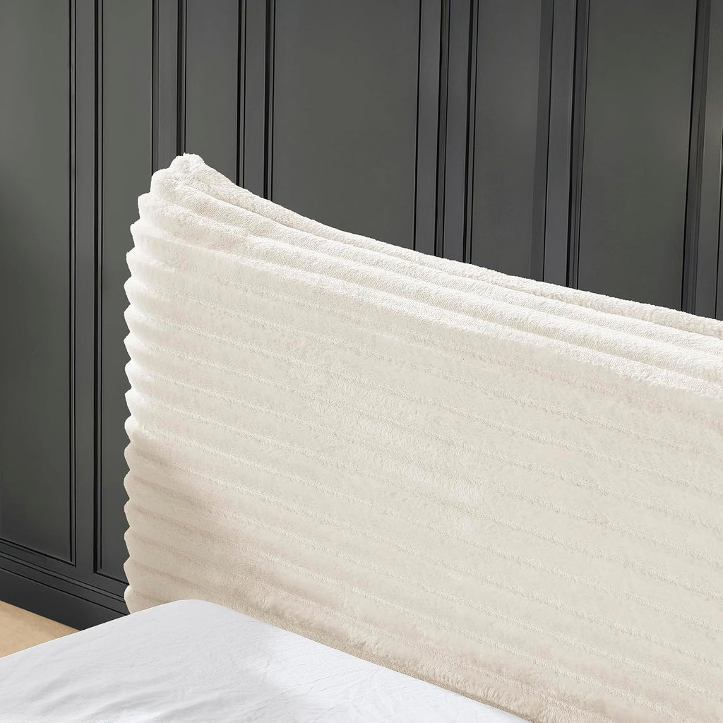 Queen Size Upholstered Bed with Decorative Curved Headboard, Solid Velvet Fabric Grounded Platform Bed Frame with Slats Support, No Box Spring Required (Beige-JU1)