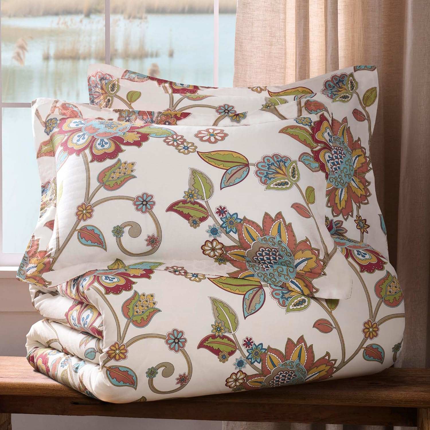 Levtex Home - Clementine Comforter Set - Twin Comforter (68x88in) and 1 Standard Sham (20x26in) - Bohemian Floral Vine Design - Multicolor - Reversible - Cotton