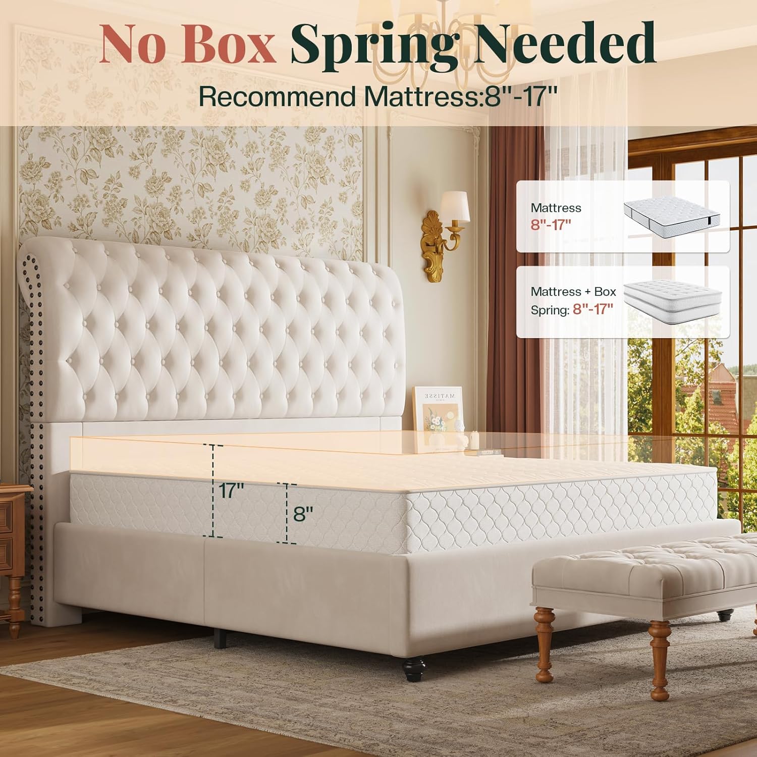 Jocisland King Bed Frame with Headboard, Velvet Sleigh Bed with Button Tufted 52.8' Tall Upholstered Headboard, No Box Spring Needed, Easy Assembly, Cream