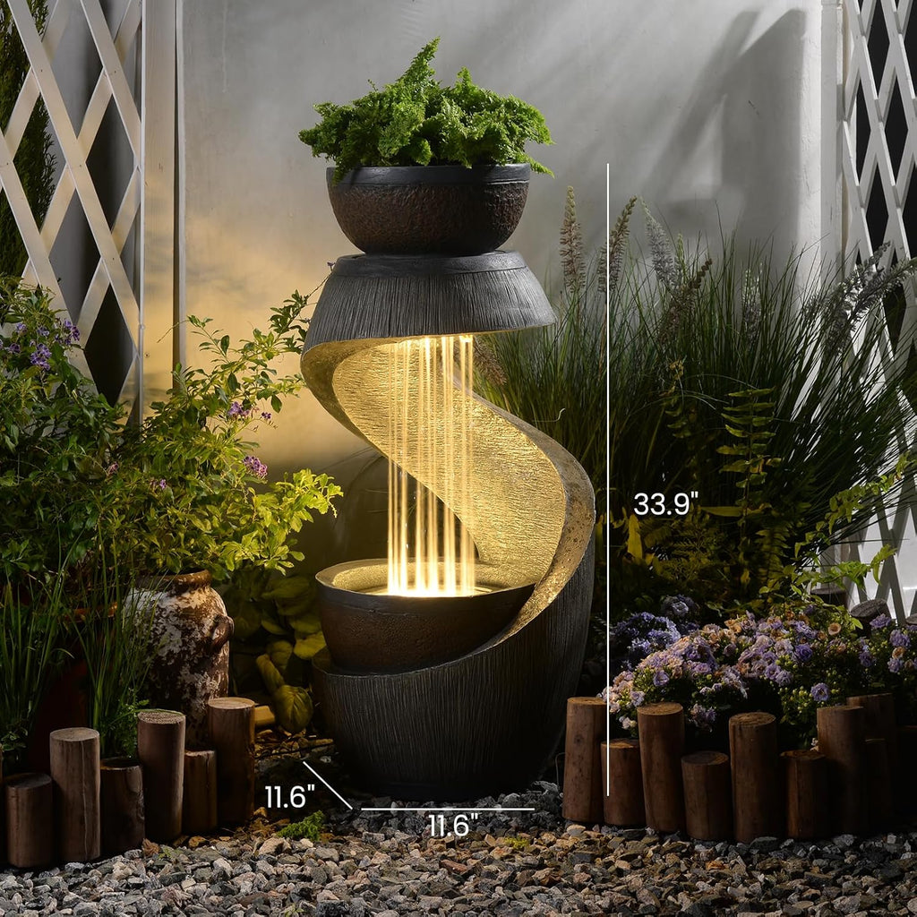 Outdoor Water Feature Patio Fountain with LED Lights, 31.9' Resin Garden Waterfall Fountain Outdoor, Modern S-Shaped Bowl Design Water Feature for Porch, Garden, Yard, Home Decor, Grey