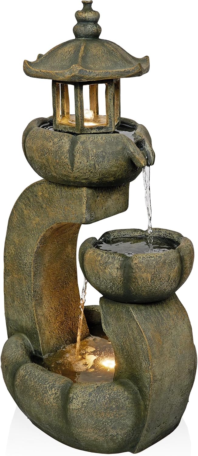 Alpine Corporation 32' Tall 2-Layer Pagoda Polystone Fountain with LED Lights, Cascading Waterfall, Outdoor Garden and Patio Water Feature, Zen Decor, Relaxing Sound, Brown