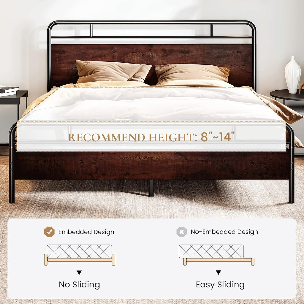 SHA CERLIN King Size Bed Frame with Wooden Headboard and Footboard, Rounded Corner Metal Structure, Heavy Duty Slats with Under-Bed Storage, No Box Spring Needed, Mahogany