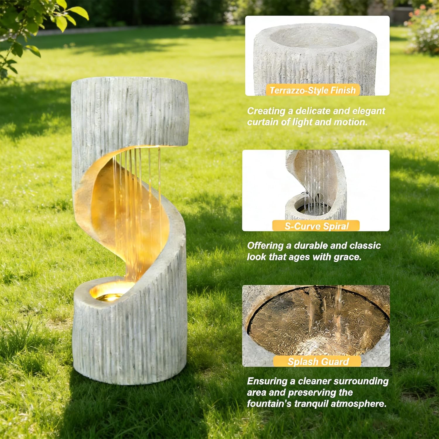 Outdoor Water Fountain with LED Lights - Resin Spiral Water Feature,29.9 Inch Modern Garden Decor for Patio, Yard & Lawn