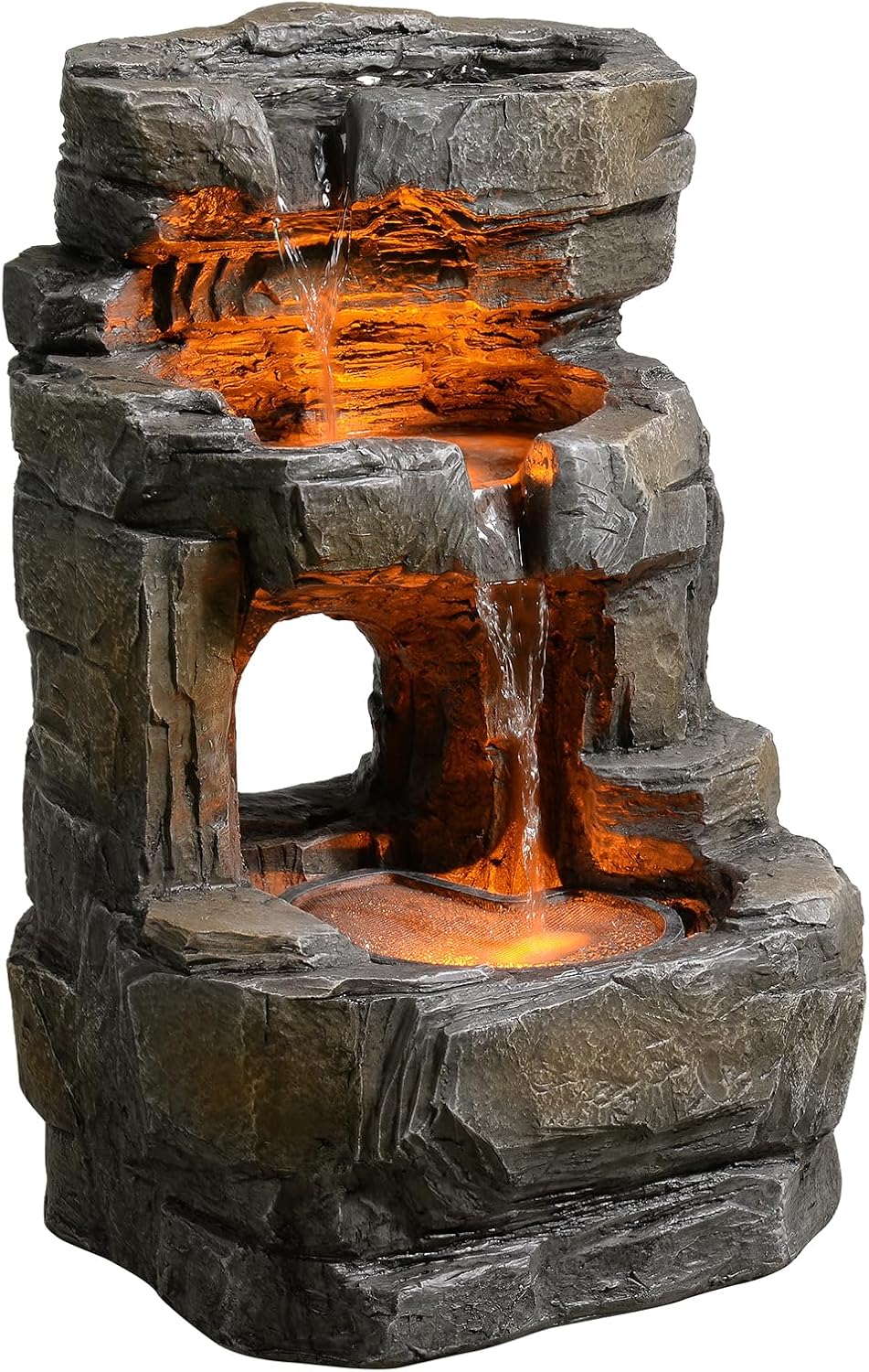 Kalona Outdoor Waterfall Fountain with LED Lights - 3-Tier Resin Rock Water Feature for Garden Patio Backyard, 21.5' Tall Fountain Decor 24392