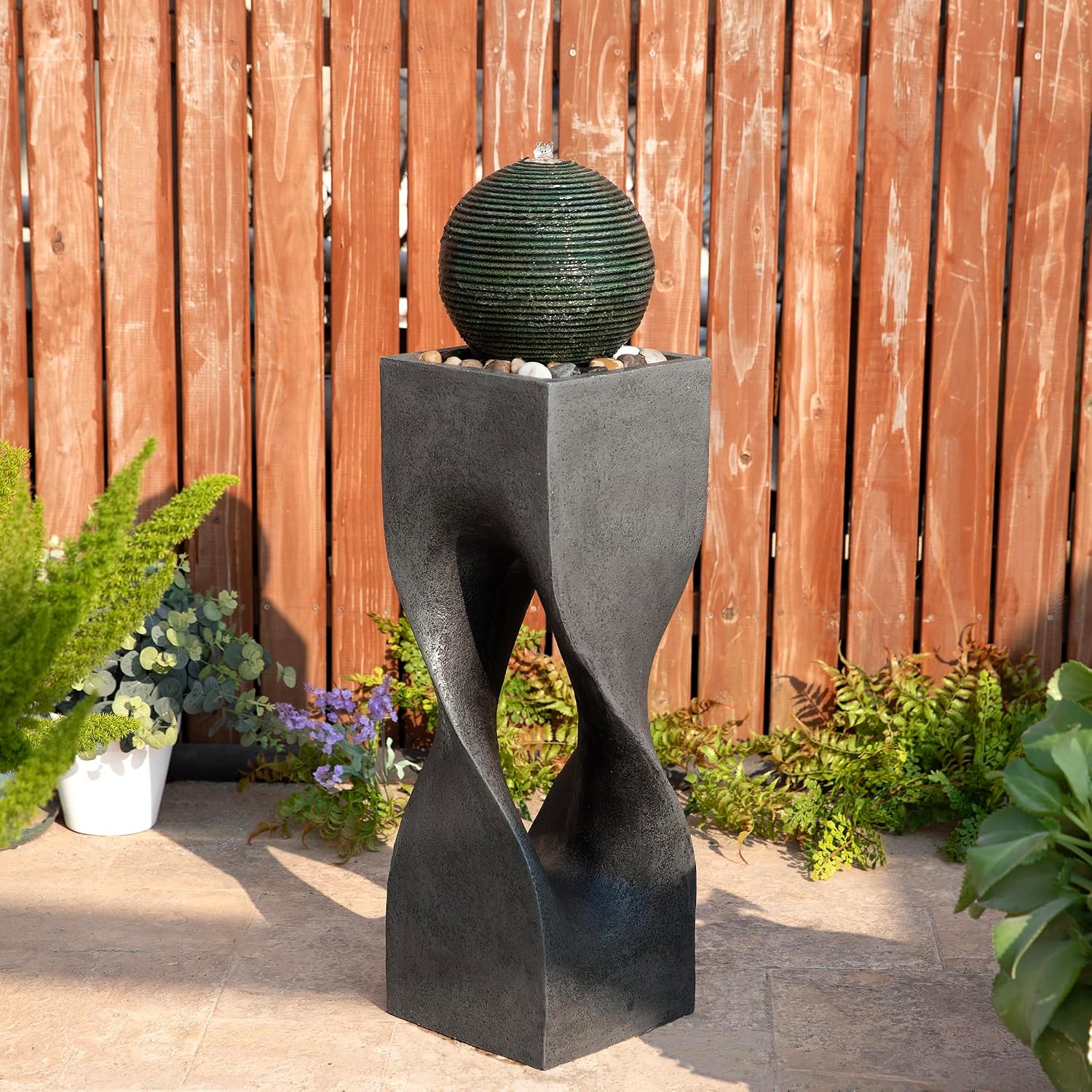 Glitzhome Outdoor Water Fountain, Outdoor Fountain with Lights, 36.5' H Modern Geometric Pedestal and Sphere Polyresin Outdoor Floor Standing Fountain with Pebbles, Pump for Garden, Patio, Backyard