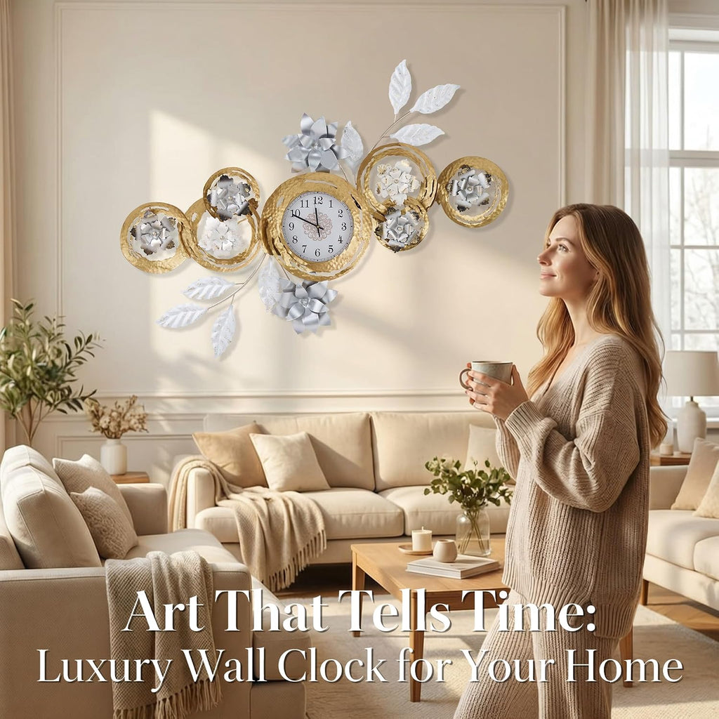 Large 3D Metal Wall Decor Vintage Gold Abstract Circular Exquisite Clocks And Black And White Gradient Metal Floral Wall Art Are Suitable For Aesthetic In Living rooms Bedrooms Kitchens And Offices