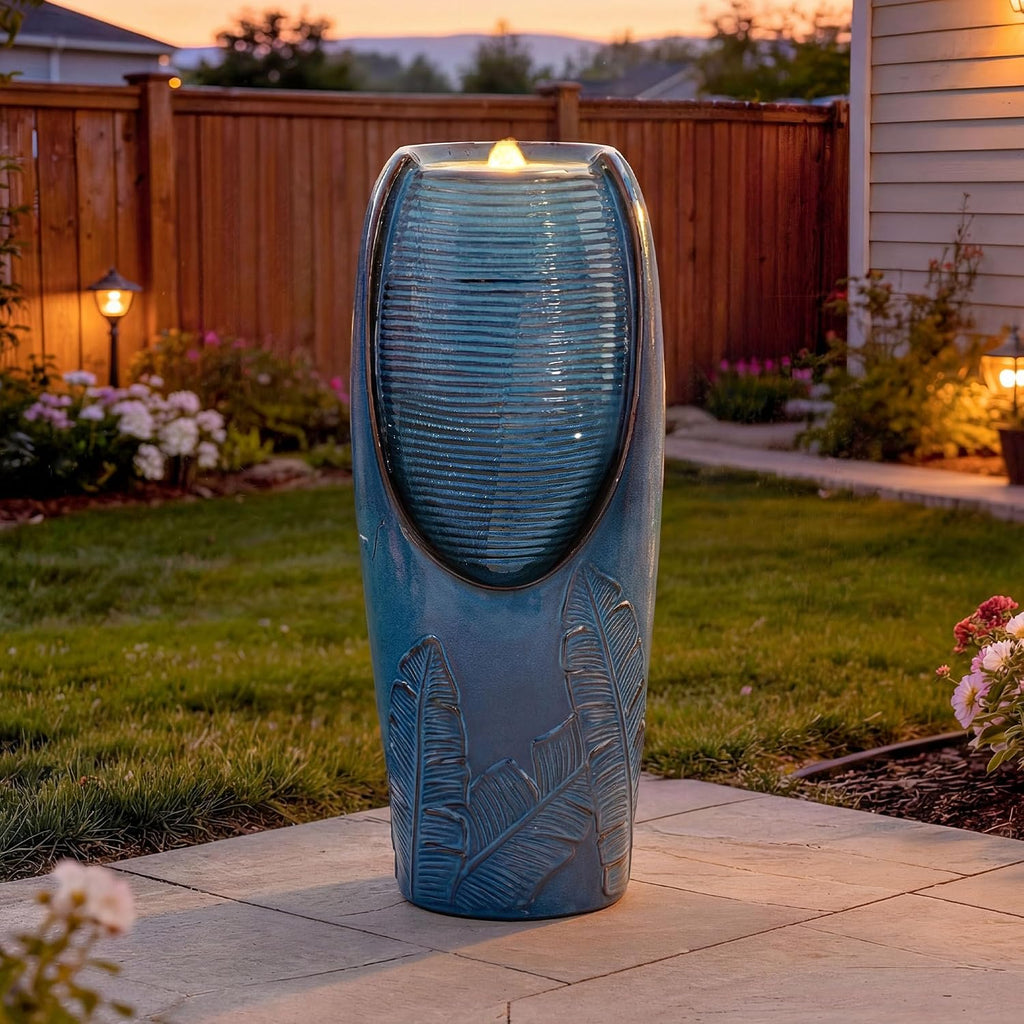 32' H Ceramic Jar Outdoor Water Fountain, Elegant Turquoise Water Feature Outside with LED Lights, Banana Leaf Texture, Soothing Cascading Waterfall for Garden Patio Yard Front Porch Decor