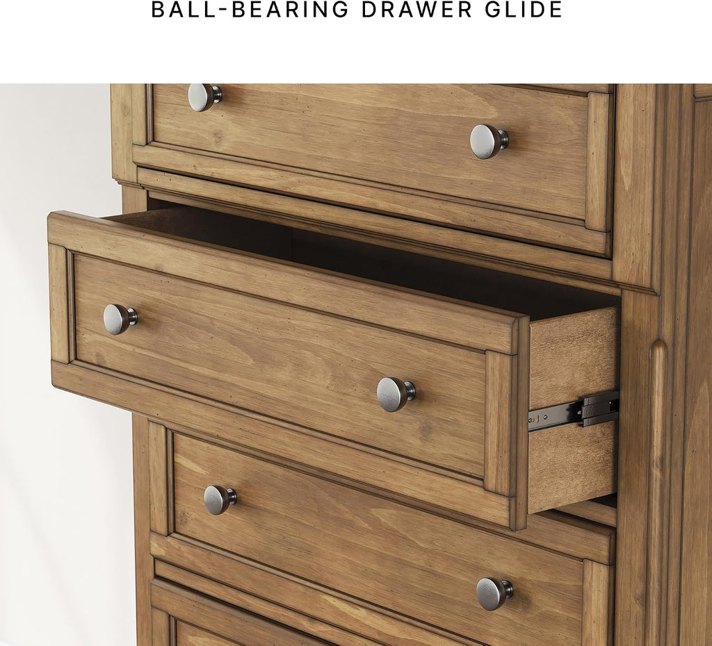 Signature Design by Ashley Glarrison Farmhouse 5-Drawer Chest with Felt-Lined Top Drawer and Easy Glide for Bedroom, Light Brown