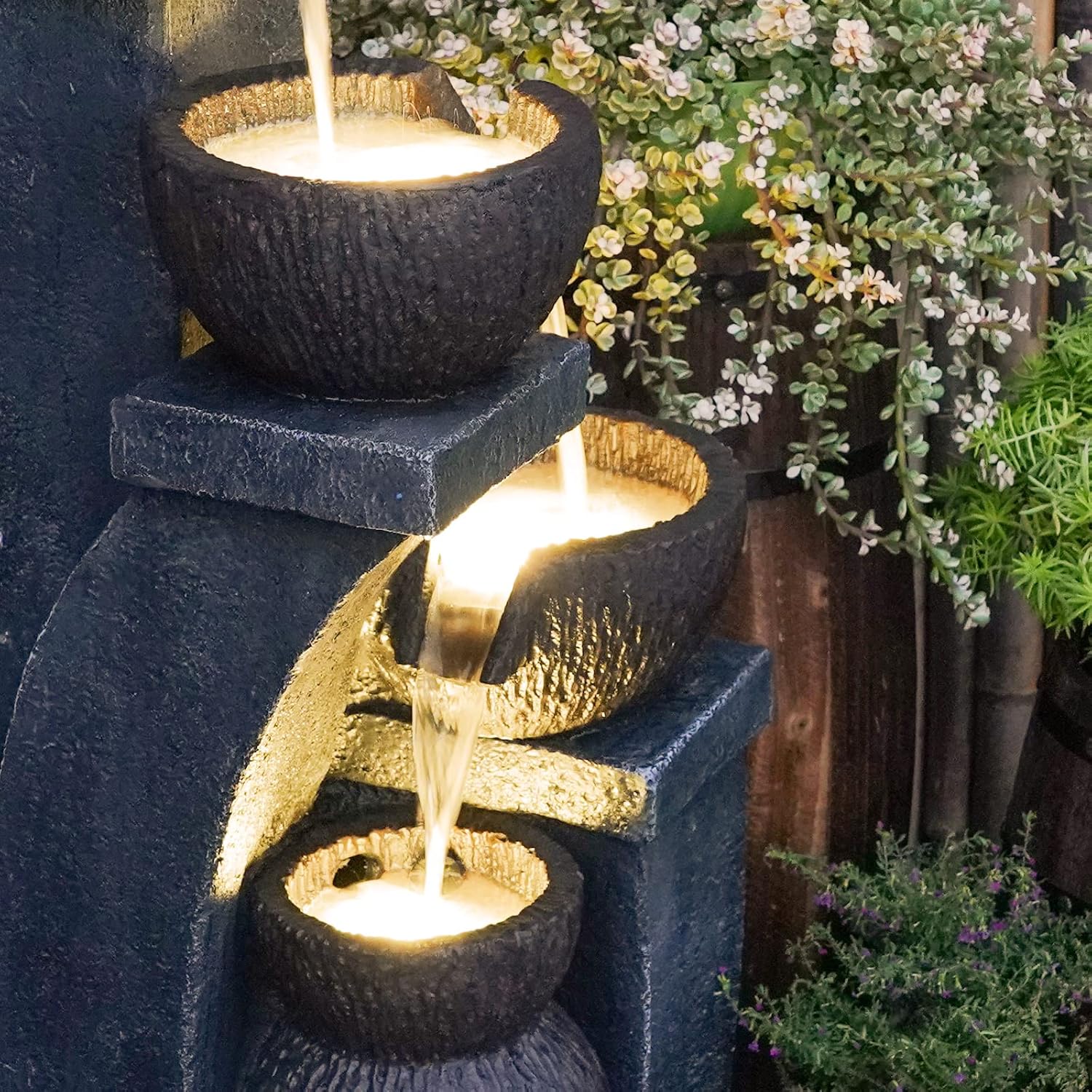 37.4'H Water Fountain Outdoor 4- Crocks Modern Garden Fountains LED Lighted Floor Fountain Natural Polyresin Decor for Garden, Patio, Backyard Ard and Home Art DéCor