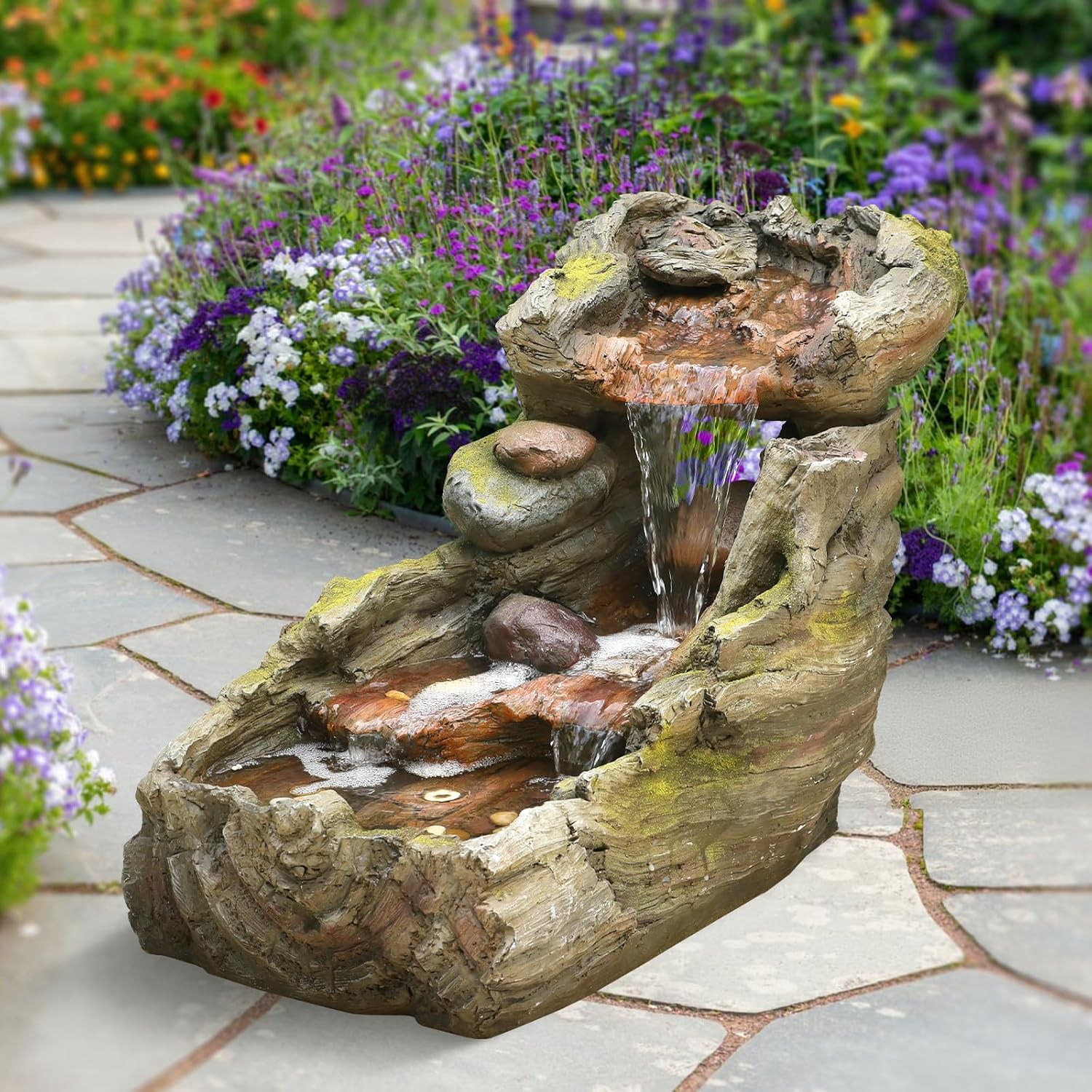 Sunlinua 23.62' L Outdoor Water Fountain with 3 Tiers Cascading Realistic Tree Trunk Waterfall Fountains with LED Lights Outdoor Water Fountain for Garden Patio Backyard Porch Home Decor