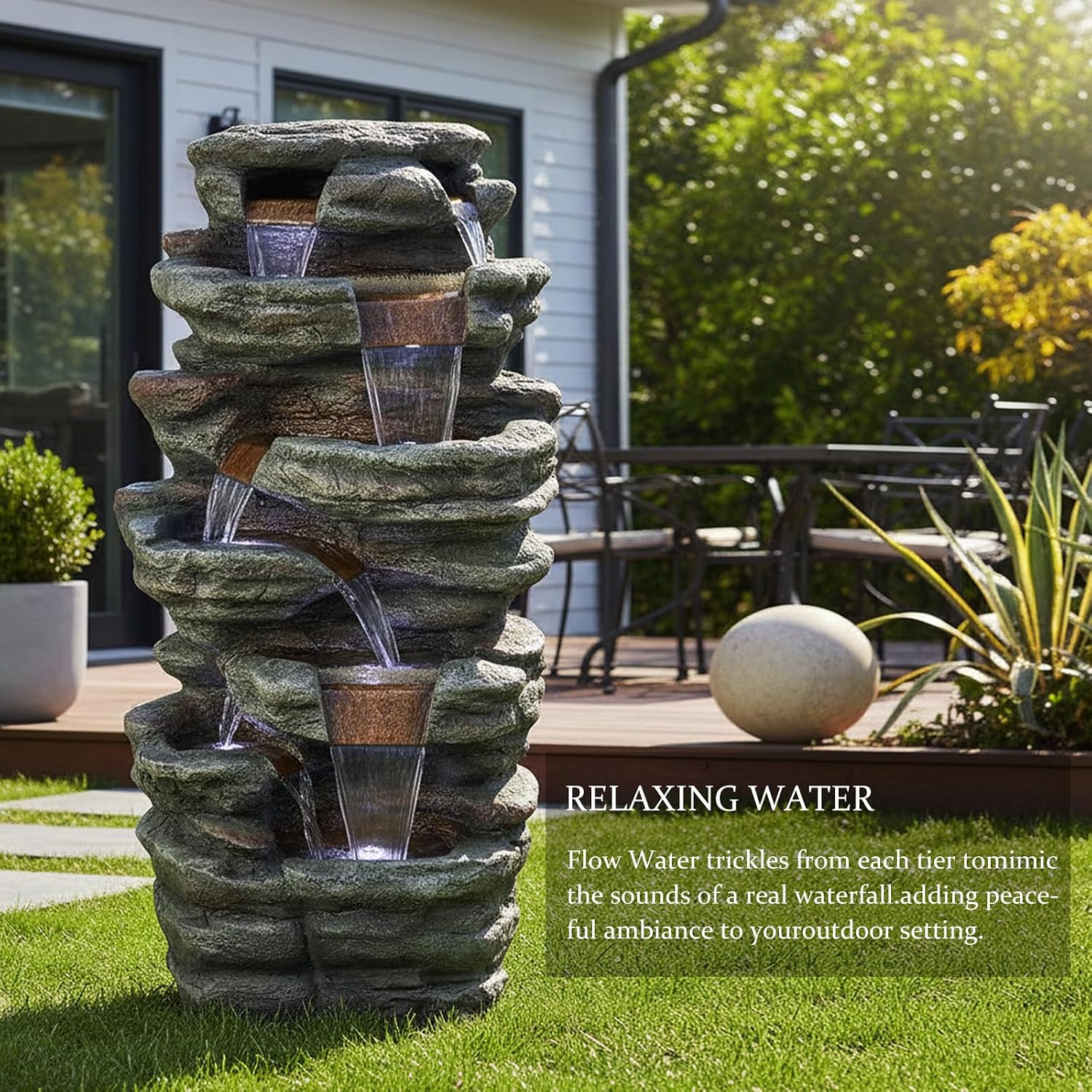 SunJet 48' High 7-Tiers Cascading Rock Outdoor Water Fountain with LED Lights - Large Outdoor Fountains and Waterfalls for Garden or Patio, Yard, and Deck Decor, Featuring Natural Stone Look