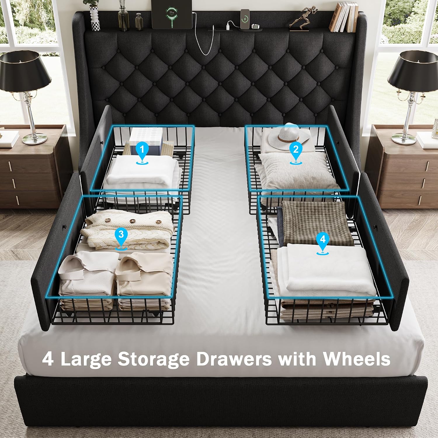 GalnFu Queen Bed Frame with 4 Storage Drawers, Giant Upholstered Wingback Headboard, Fast Charging Station, No Box Spring Needed, Noise-Free, Black