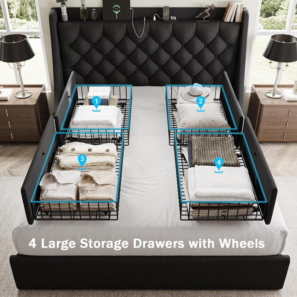 GalnFu Full Size Bed Frame with 4 Storage Drawers, Giant Upholstered Wingback Headboard, Fast Charging Station, No Box Spring Needed, Noise-Free, Black