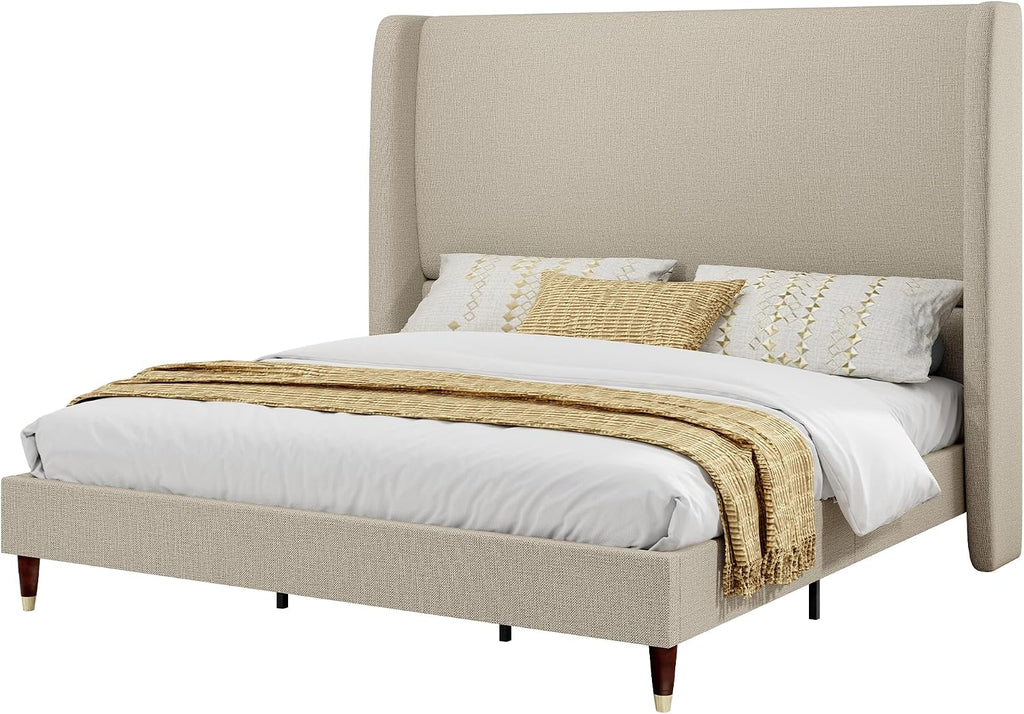 PaPaJet Queen Bed Frame with 51.2' Tall Wingback Headboard,Line Upholstered Platform Bed,Solid Wood Legs,No Box Spring Needed,Noise-Free&Easy Assembly,for Couples, Guest Room, Apartment,Light Khaki