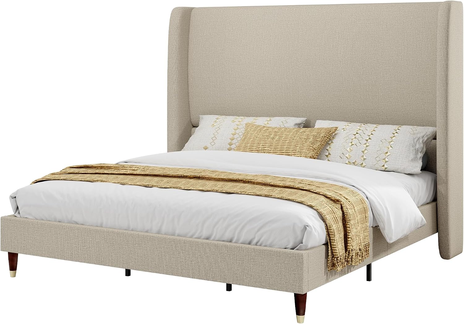 PaPaJet Queen Bed Frame with 51.2' Tall Wingback Headboard,Line Upholstered Platform Bed,Solid Wood Legs,No Box Spring Needed,Noise-Free&Easy Assembly,for Couples, Guest Room, Apartment,Light Khaki