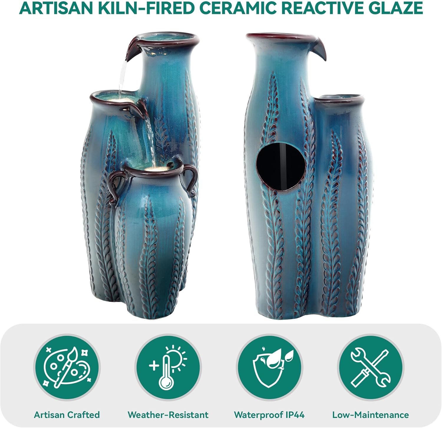 29.5' H Ceramic Outdoor Water Fountain with LED Lights, 3-Tier Vase Cascading Water Feature, Turquoise with Embossed Leaf Patterns, Tranquil Waterfall for Garden, Patio, Yard, or Porch
