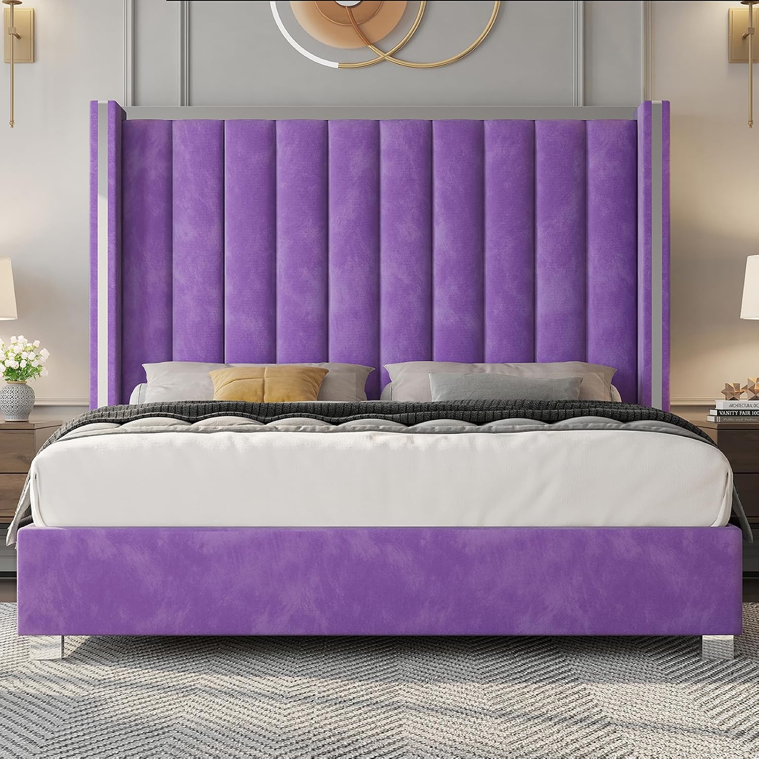 Jocisland King Size Bed Frame with 58' Tall Headboard, Velvet Upholstered Platform Bed with Channel Tufted Wingback Headboard and Plating Trim, No Box Spring Needed, Purple