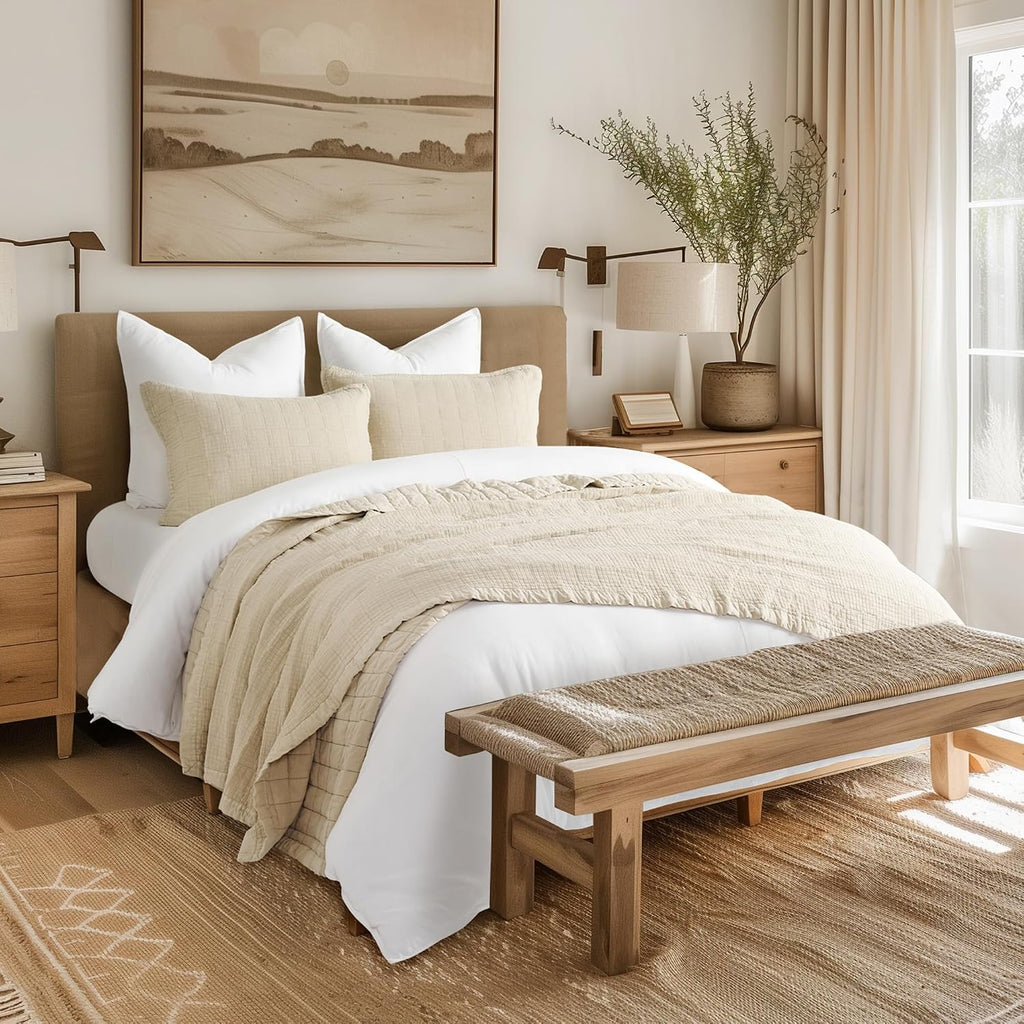 EVERGRACEHOME Stonewashed Cotton Quilt Set King Size, Ultra Soft Oversized Bedspread Coverlet Set, Lightweight Crinkle Box Stitch Bedding Sets for All Season, with 2 Shams, Flax Beige