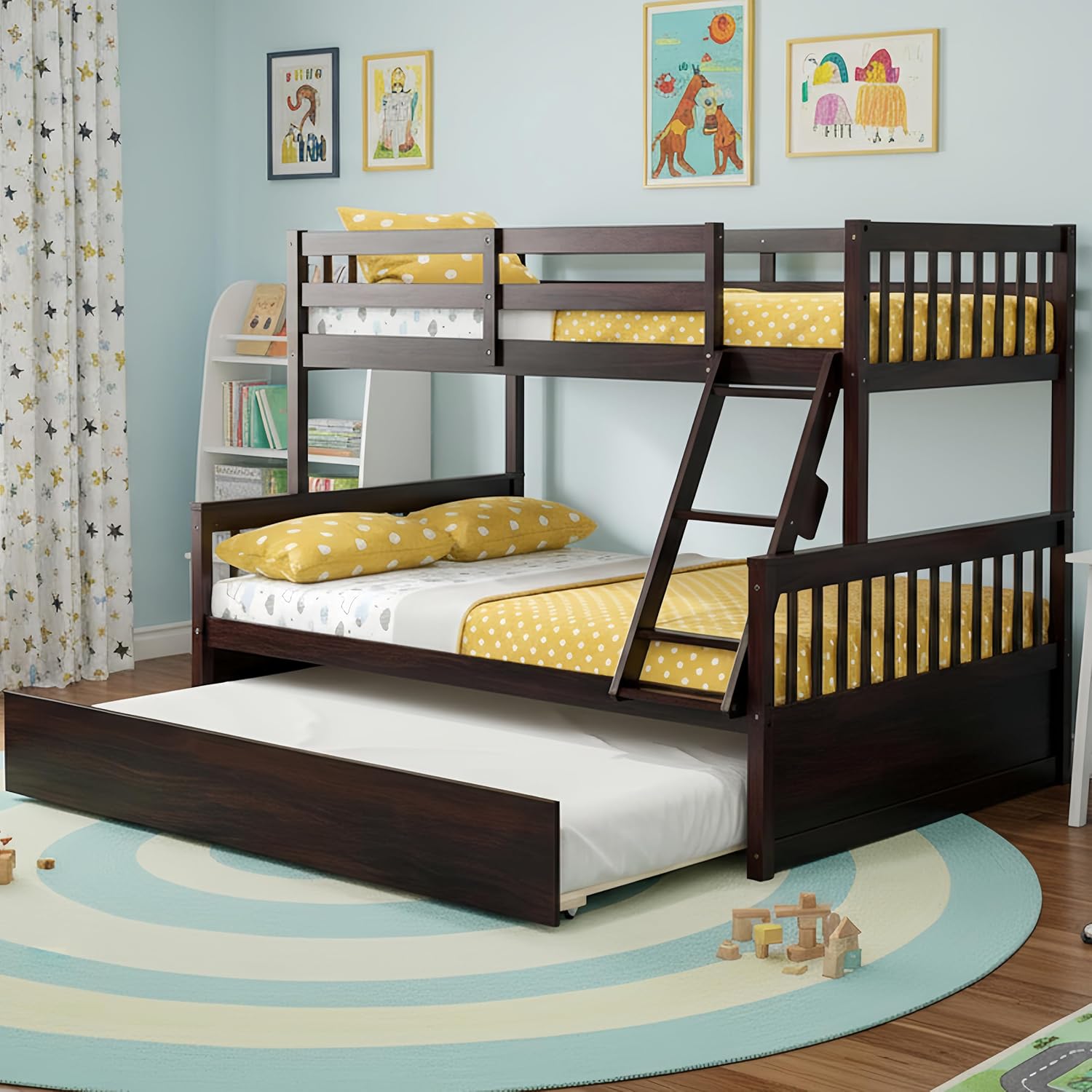 KOMFOTT Wood Twin Over Full Bunk Bed with Trundle, Bed Frame with Solid Pine Wood Frame, Space-Saving Bunk Bed with Ladder & Safety Guardrails, No Box Spring Needed