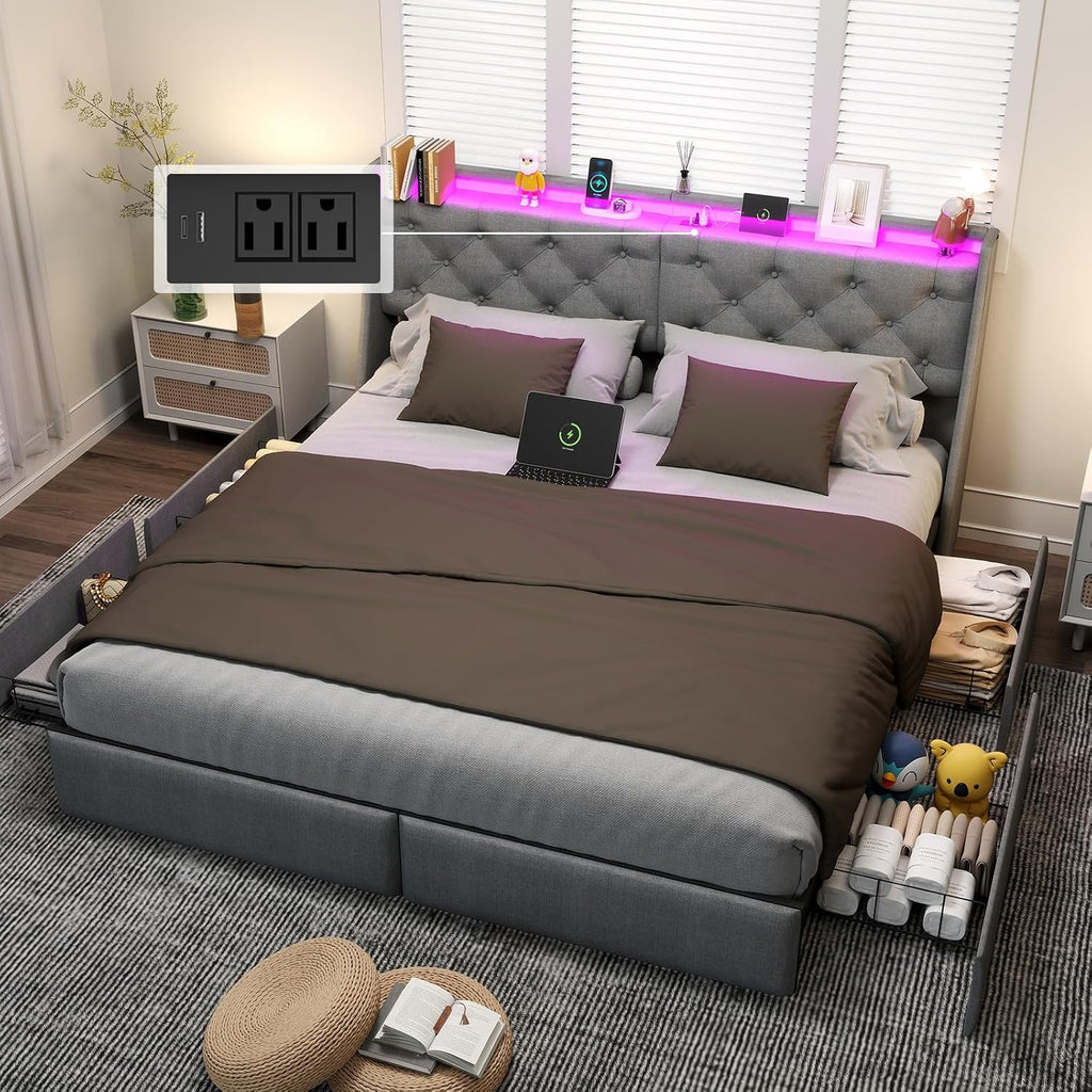 King Size Bed Frame with LED Lights and Charging Station, Upholstered Platform Bed with Storage Headboard and 4 Drawers, Metal Slat Support, Noise-Free, No Box Spring Needed, Easy Assembly, Gray