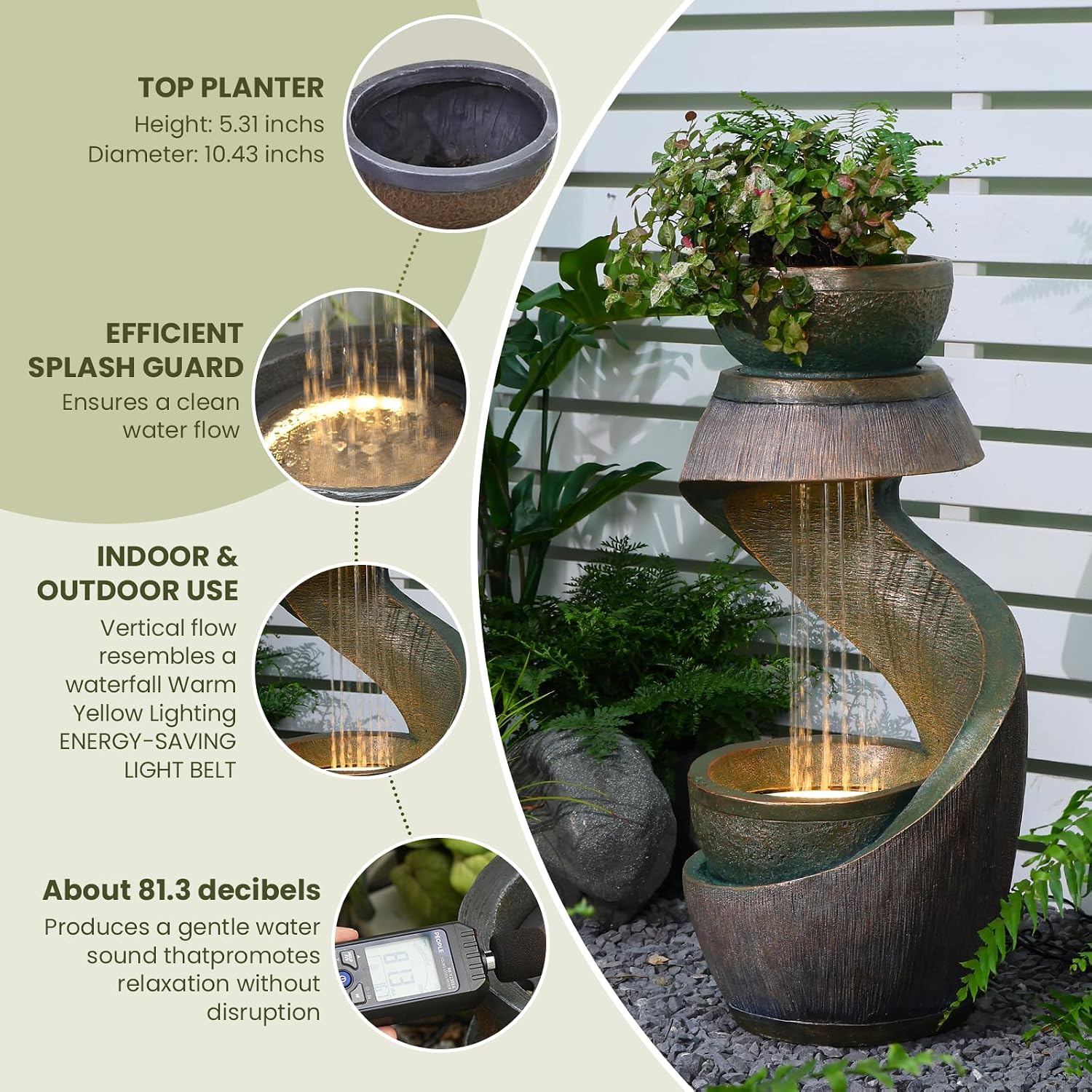 31.9' Outdoor Water Fountain with Lights – S-Shaped Water Feature Outdoor Modern Resin Waterfall Feature with Bowl Planter, Decorative Garden Fountain for Patio Balcony Porch Yard, Gold