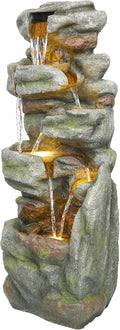 Alpine Corporation 39' Tall Outdoor Mult-itiered Elegant Rock Look Waterfalls Floor Fountain with LED Lights, Gray