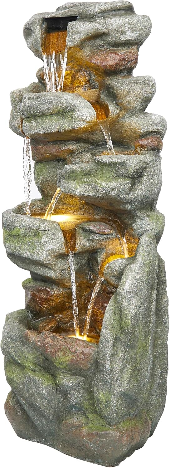 Alpine Corporation 39' Tall Outdoor Mult-itiered Elegant Rock Look Waterfalls Floor Fountain with LED Lights, Gray