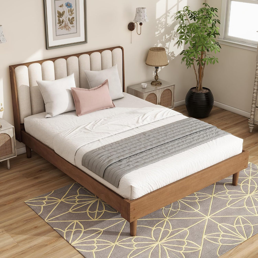 JIVOIT Queen Size Platform Bed with Piano Key Style Upholstered Headboard, Wood Bed with Strengthened Bed Frame, Wood Slats Support, No Box Spring Needed