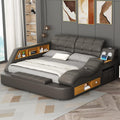Multifunctional Queen Bed Frame, Gray Luxury Smart Bed Frames with Massage Chaise Lounge on Right, Modern Bed with Bluetooth Speakers & USB Charging Station for Bedroom
