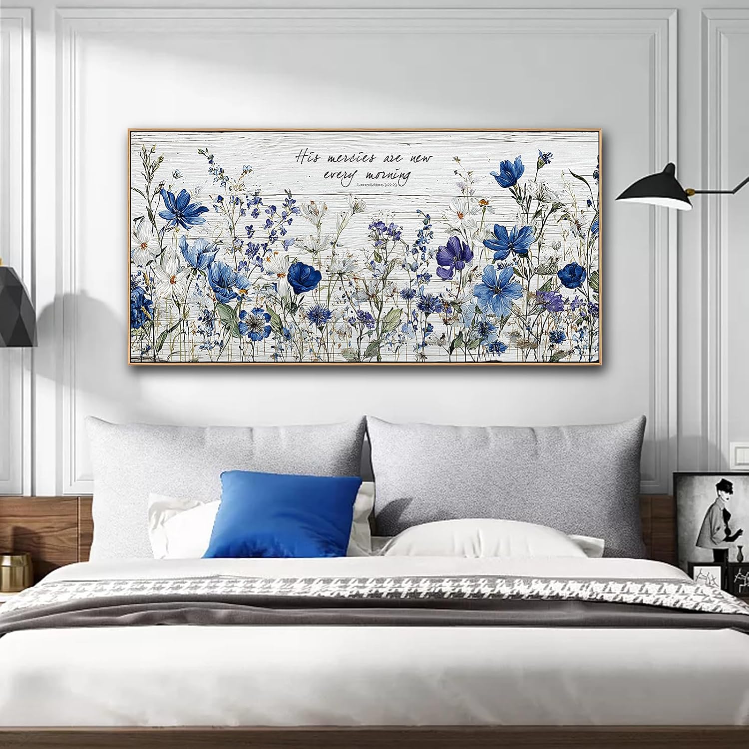 Tucai Decor Blue Floral Canvas Wall Art with Inspirational Quote Farmhouse Style Living Room Bedroom Kitchen Wall Decor Large Format Framed Print Artwork Home Decoration