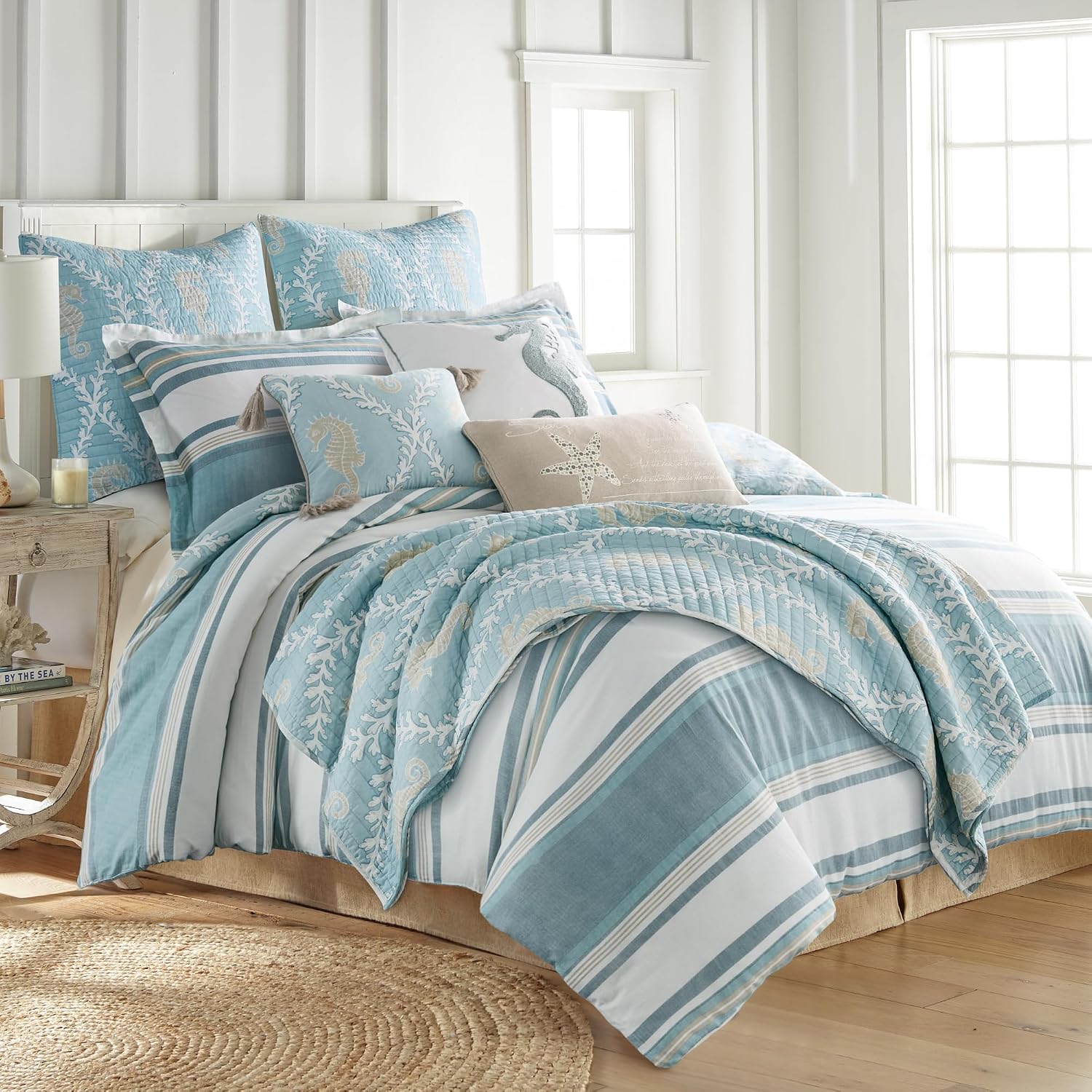 Levtex Home - Kailua Comforter Set - Full/Queen Comforter (90x94in.) + Two Standard Pillow Cases (20x26in.) - Stripe - Blue Teal Taupe Cream - Cotton