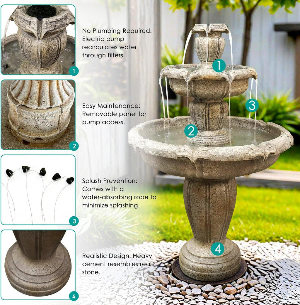 SunJet 48' High Modern Concrete Outdoor Water Fountain - 3 Tiered Large Floor Water Fountain and Waterfalls with Electric Pump for Garden, Patio, Yard, and Deck Decor, Featuring Natural Stone Look