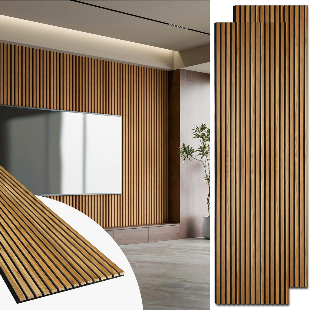 Art3d 2 Pack 94.5 x 24 inch Wood Slat Acoustic Panels for Wall & Ceiling - 31 sq.ft 3D Fluted Sound Absorbing Panel with Wood Finish, Teak