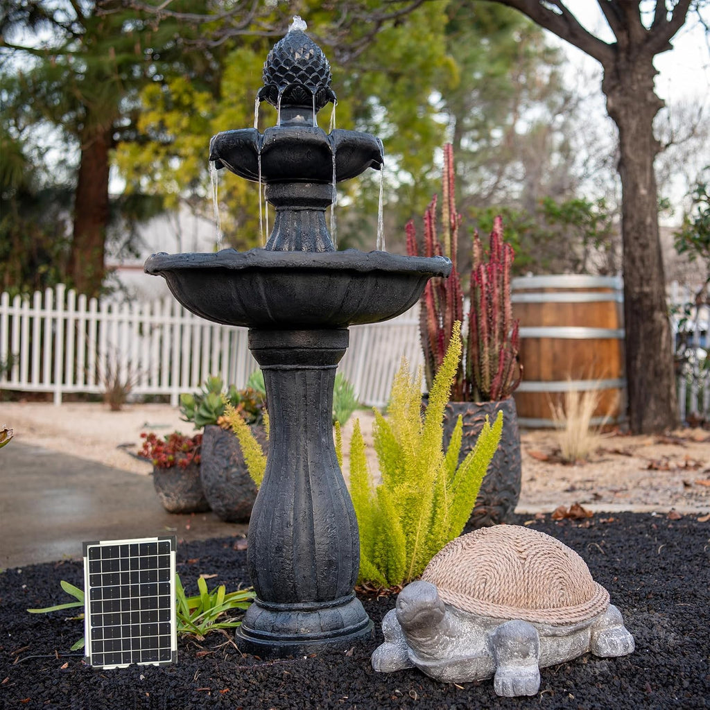 XBrand 44' Solar Powered 2-Tier Outdoor Water Fountain, Fiberglass Resin Fountain with Solar Panel and Auto Shut-Off Pump, Black