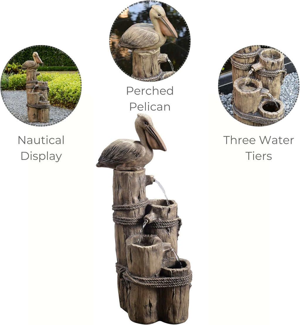 Teamson Home 35.42' 4-Tier Pelican and Driftwood Pier Post Outdoor Cascading Water Fountain, Brown