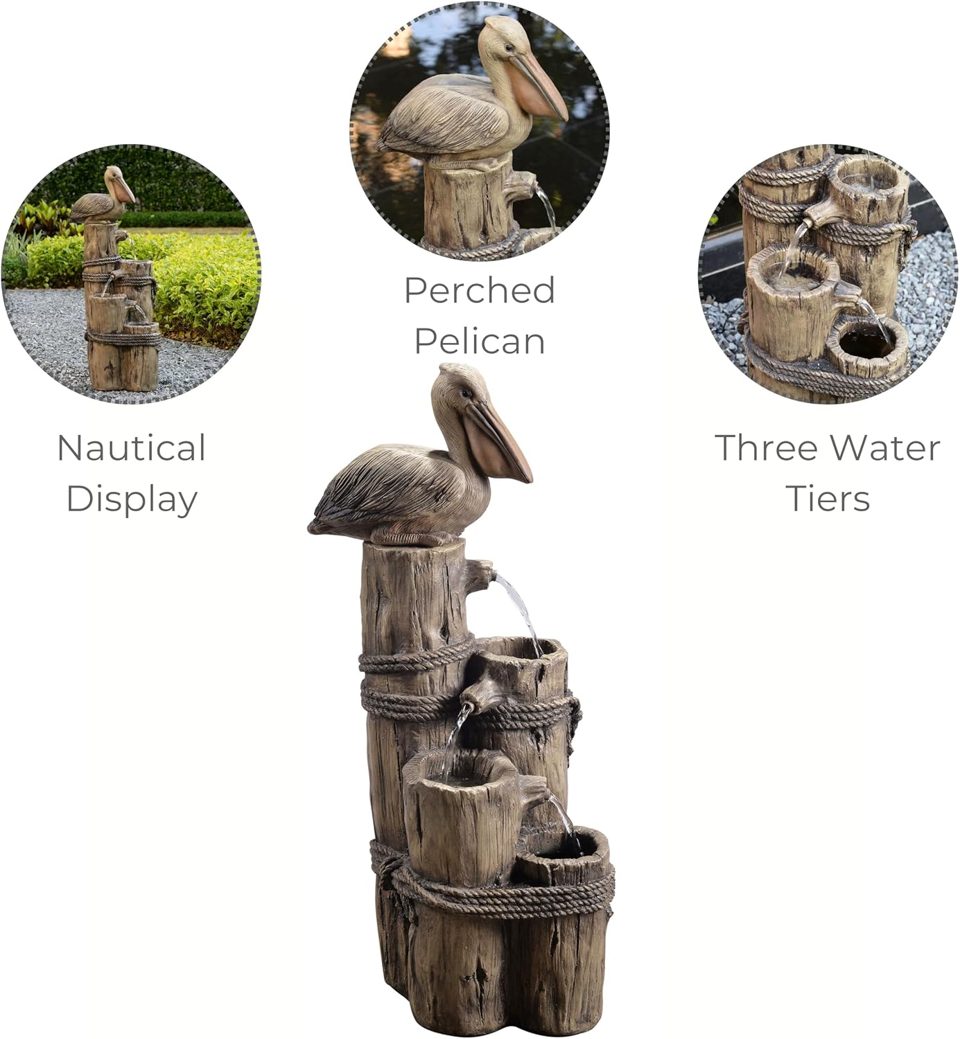 Teamson Home 35.42' 4-Tier Pelican and Driftwood Pier Post Outdoor Cascading Water Fountain, Brown
