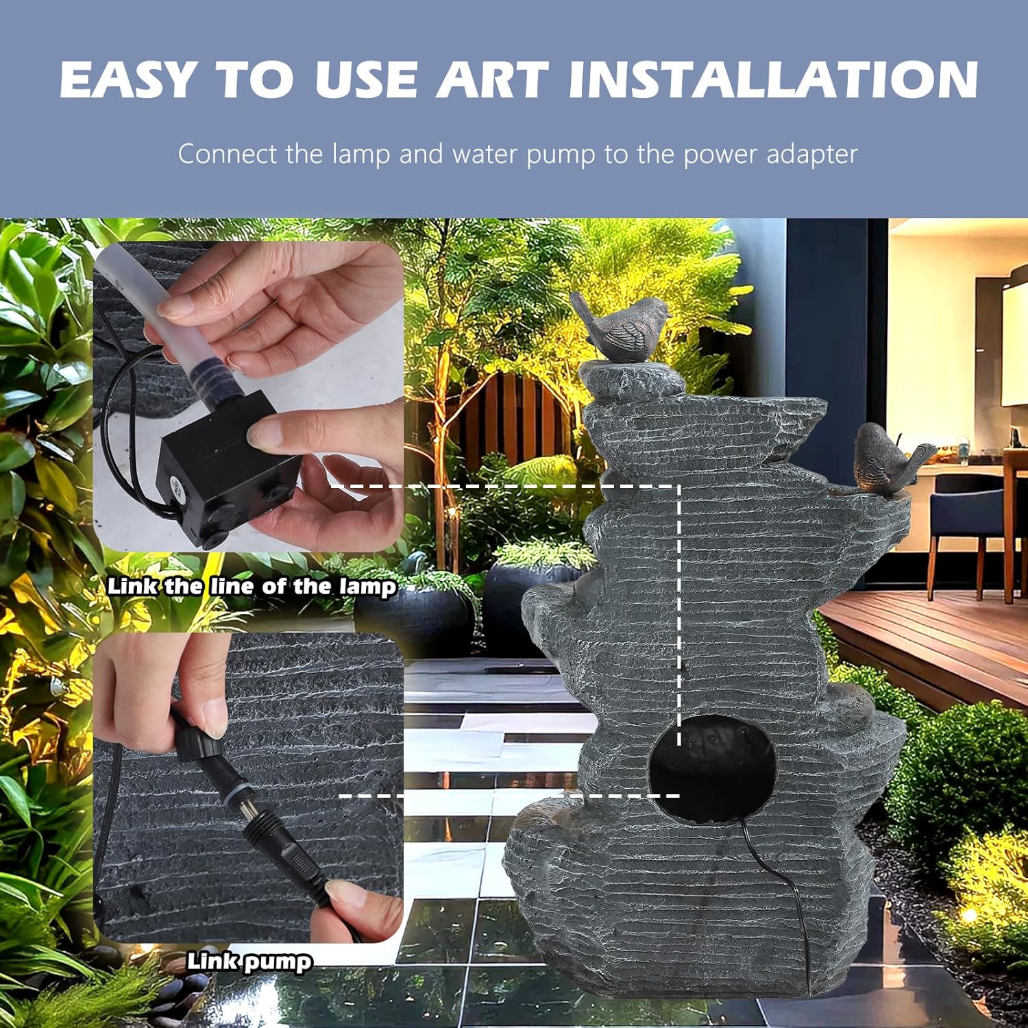 7 Tiers Cascading Rock Water Fountain with LED Lights, Outdoor Waterfall Fountain for Garden, Deck, Backyard, Patio, Porch, Natural Stone Look