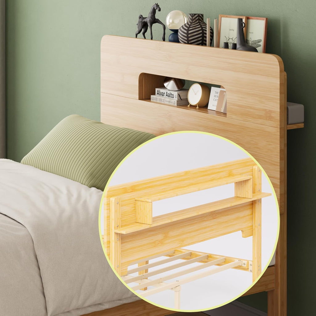 ZIYOO Solid Bamboo Wood Bed Frame Twin with Storage Headboard, 14 inch Platform Bed Frame Twin Size No Box Spring Needed with Steel Slats, Sturdy and Stable, Easy Assembly, Noise Free