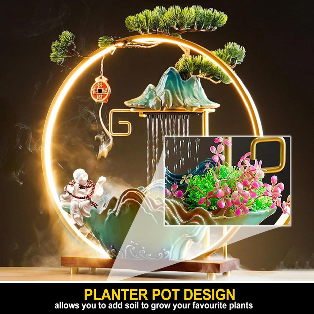 Tabletop Water Fountains Indoor Waterfall Desktop Fountain for Meditation with Mist Japanese Fountain with Fake Plants Feng Shui Office Home Decor for Good Luck Wealth (Buddha)