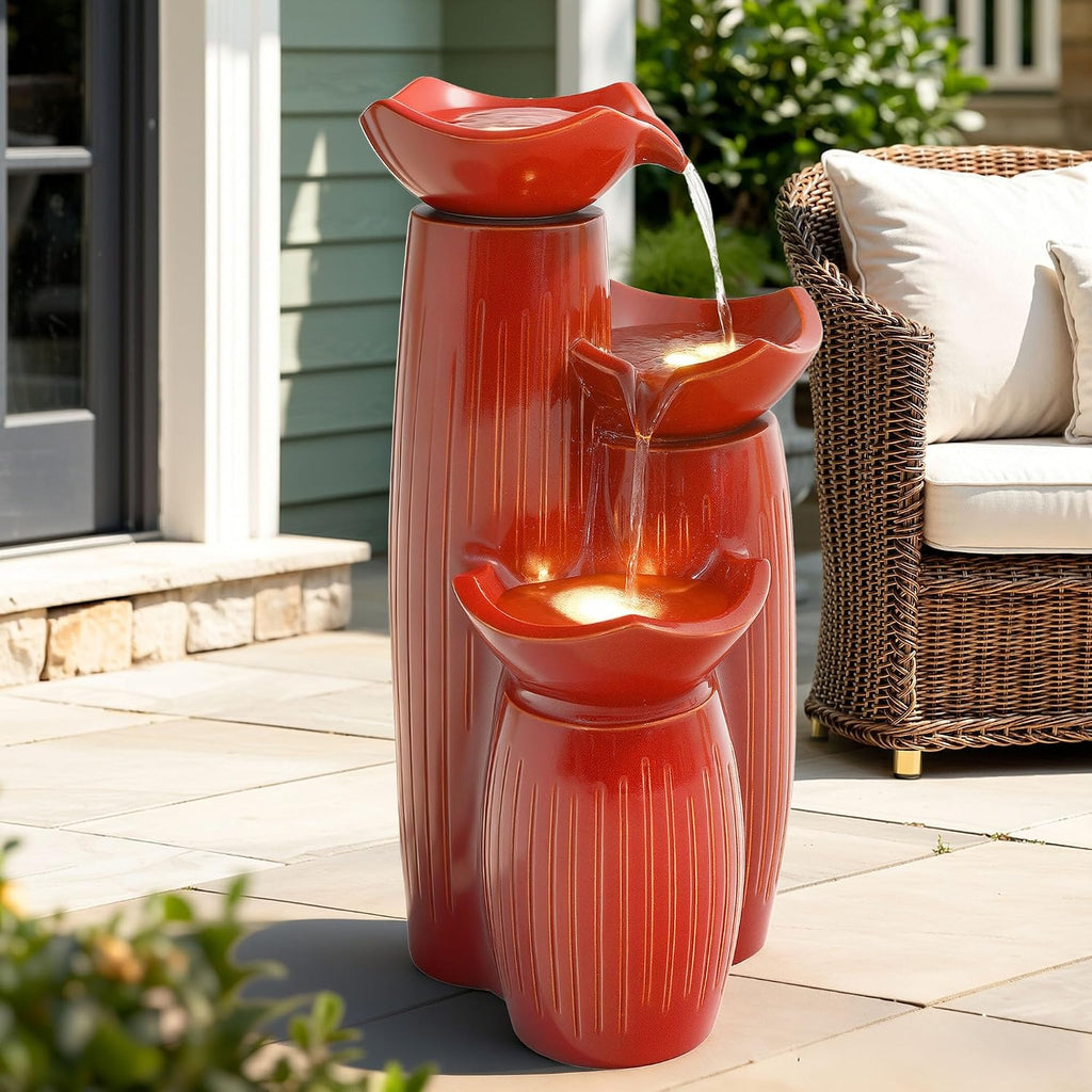 30' H Ceramic Outdoor Water Fountain with LED Lights, 3-Tier Cascading Lotus Bowls Water Feature, Tranquil Waterfall for Relaxing Garden, Patio, Yard, Terracotta Red, Vertical Striped Texture