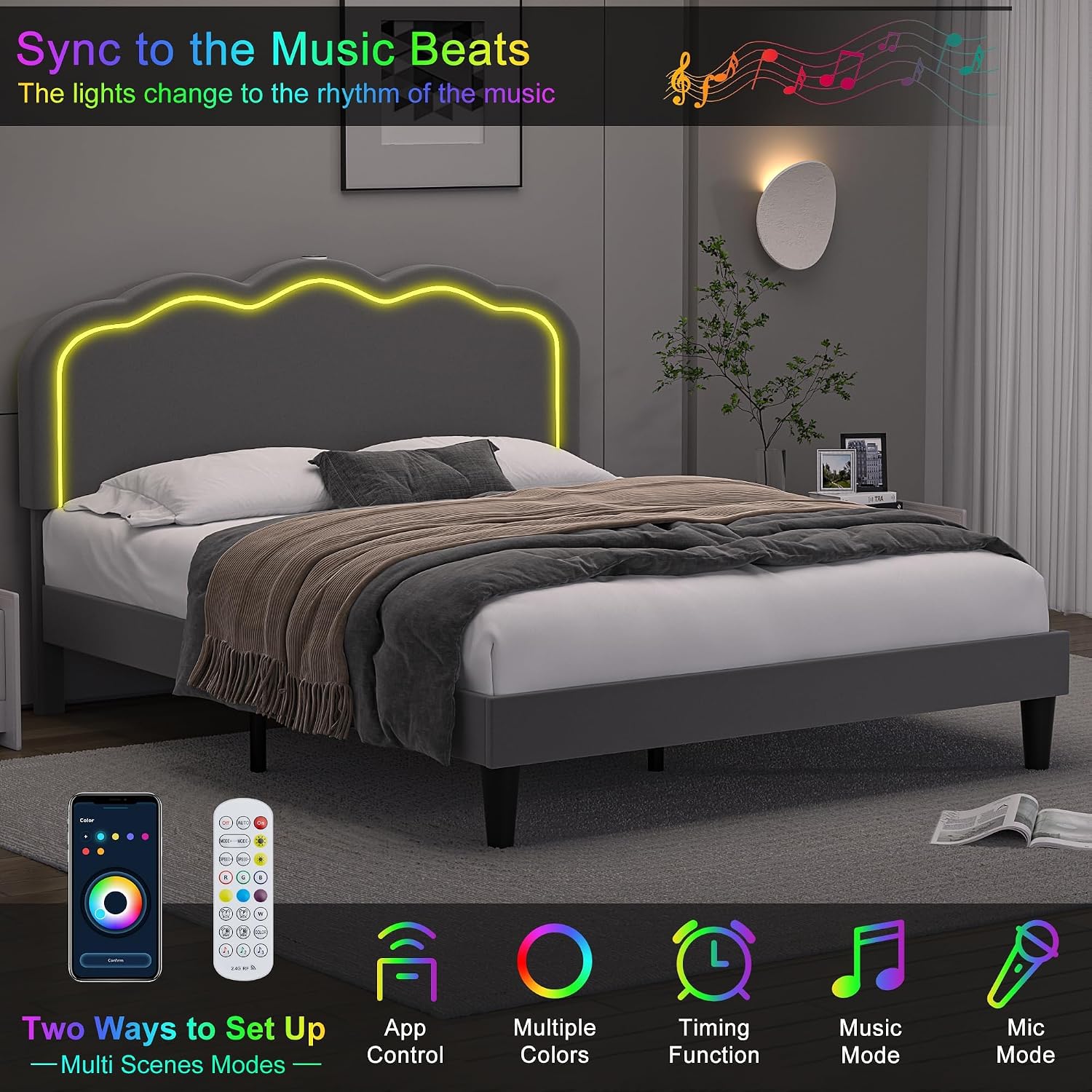 VECELO Upholstered Queen Size Bed Frame with Headboard Adjustable, LED Lights, USB-A & Type-C, Velvet Platform Bed Noise Free, Mattress Foundation with Wooden Slats, No Box Spring Needed, Dark Grey