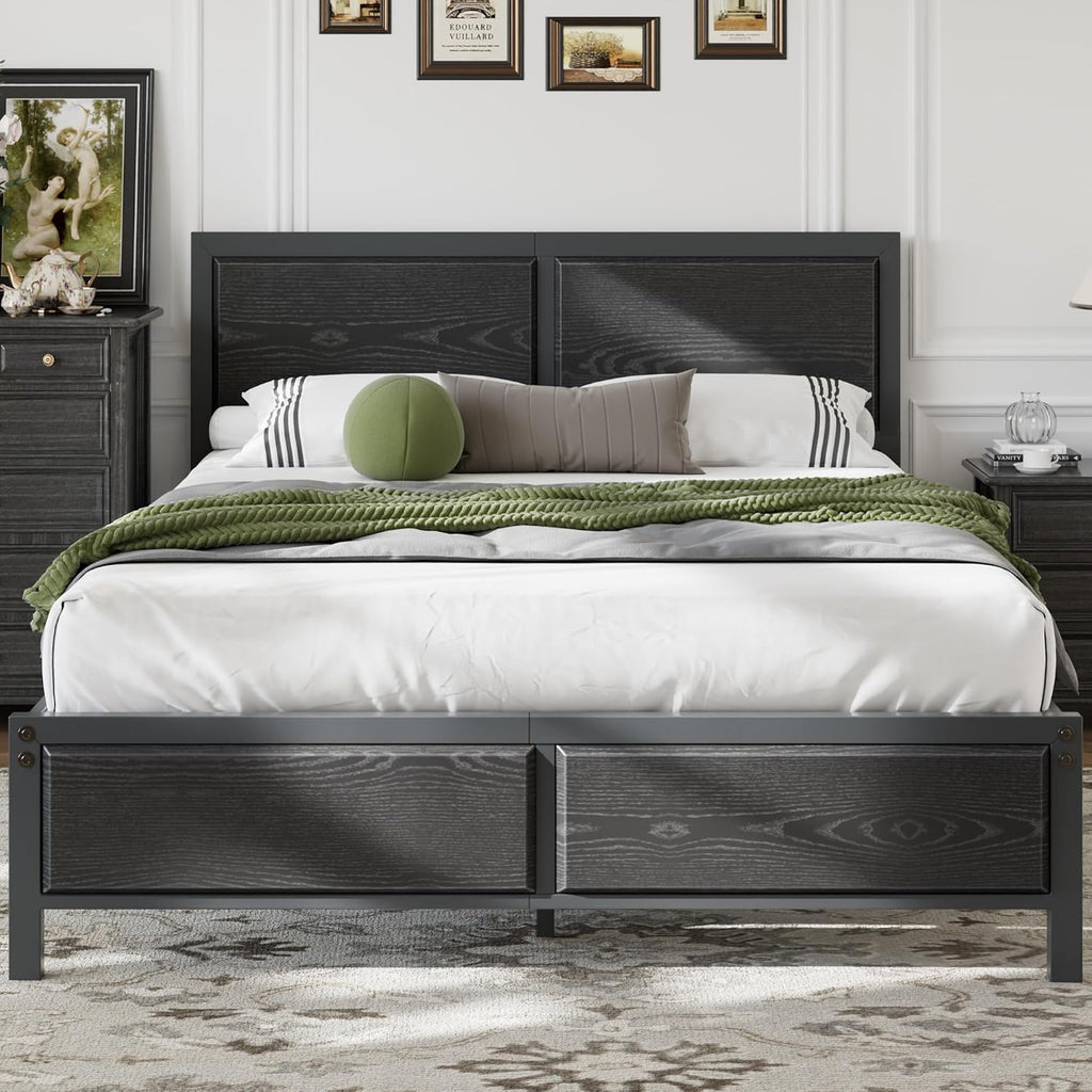 VECELO Full Bed Frames, Metal Platform Beds with Large Rustic Wooden Headboard, Metal Slats Support, Noise-Free/Easy Assembly, Black
