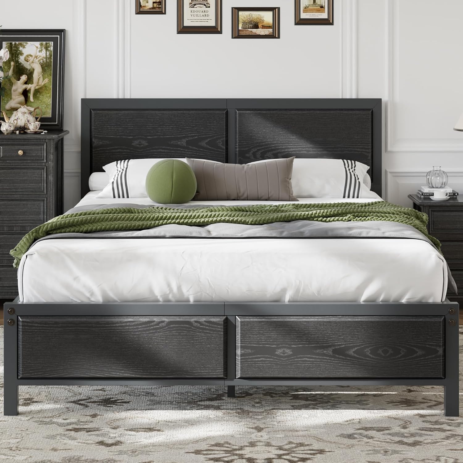 VECELO Full Bed Frames, Metal Platform Beds with Large Rustic Wooden Headboard, Metal Slats Support, Noise-Free/Easy Assembly, Black