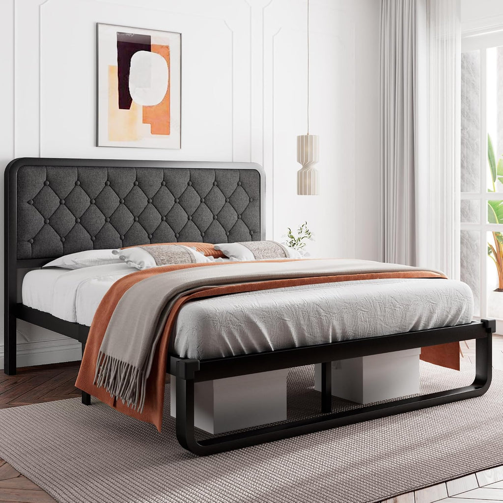 iPormis Queen Bed Frame with Headboard Faux Leather Upholstered Bed Frame Platform, All Metal Slats Support Platform Bed Frame with 12' Under Bed Space, Noise Free, No Box Spring Needed, Dark Grey