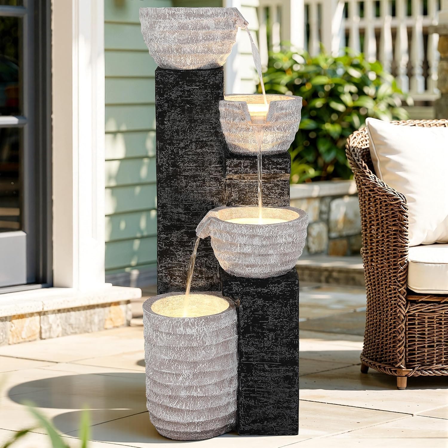 40' H Multilayer Cascading Outdoor Water Fountain with LED Lights & Pump, Sand-Textured Polyresin Freestanding Garden Fountain for Tranquil Garden, Patio or Porch