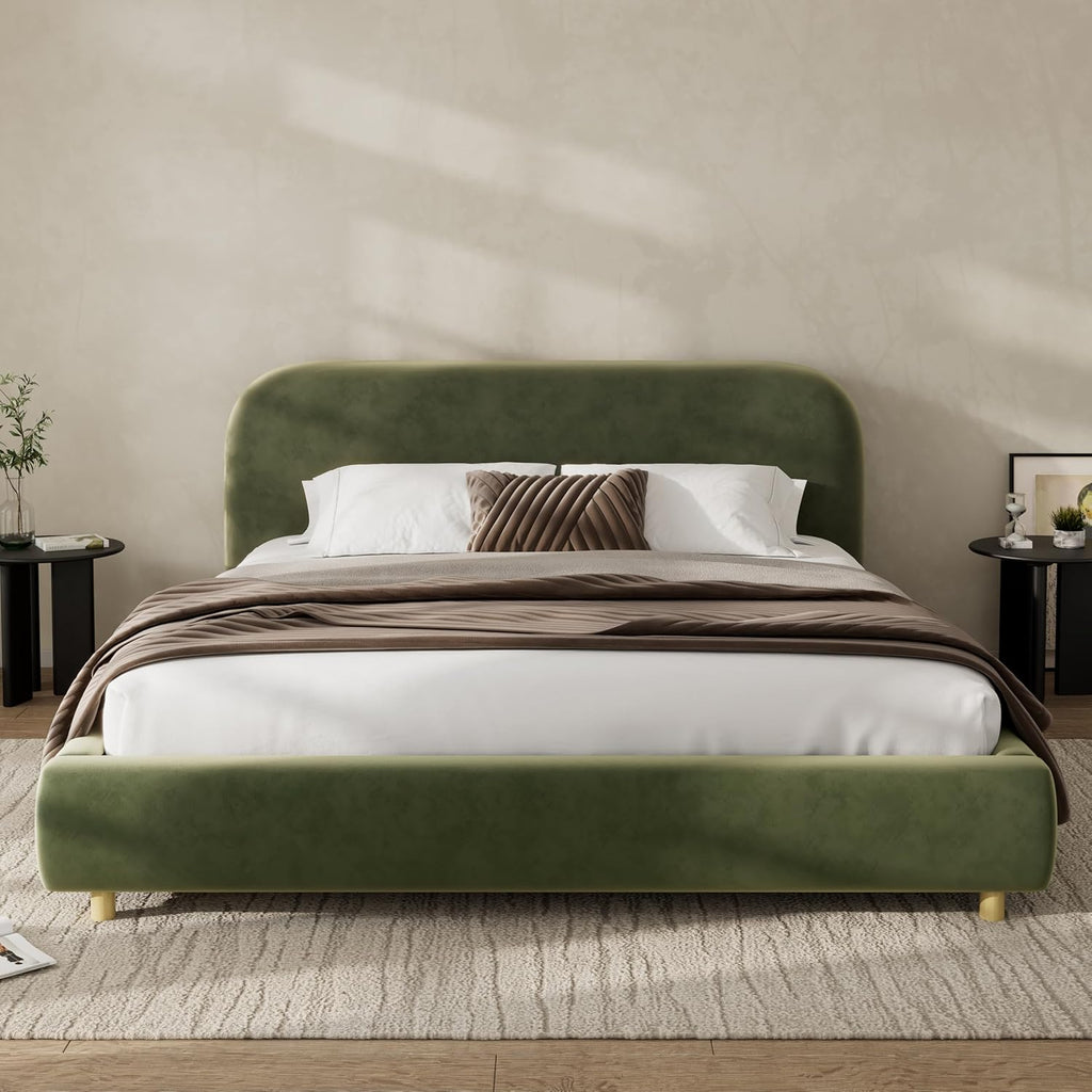 King Size Platform Bed with Curve-Shaped Design Headboard, Velvet Fabric Upholstered Platform Bed with Strong Support, Modern Bed Frame, No Box Spring Needed, Easy Assembly (Olive Green,King,8)