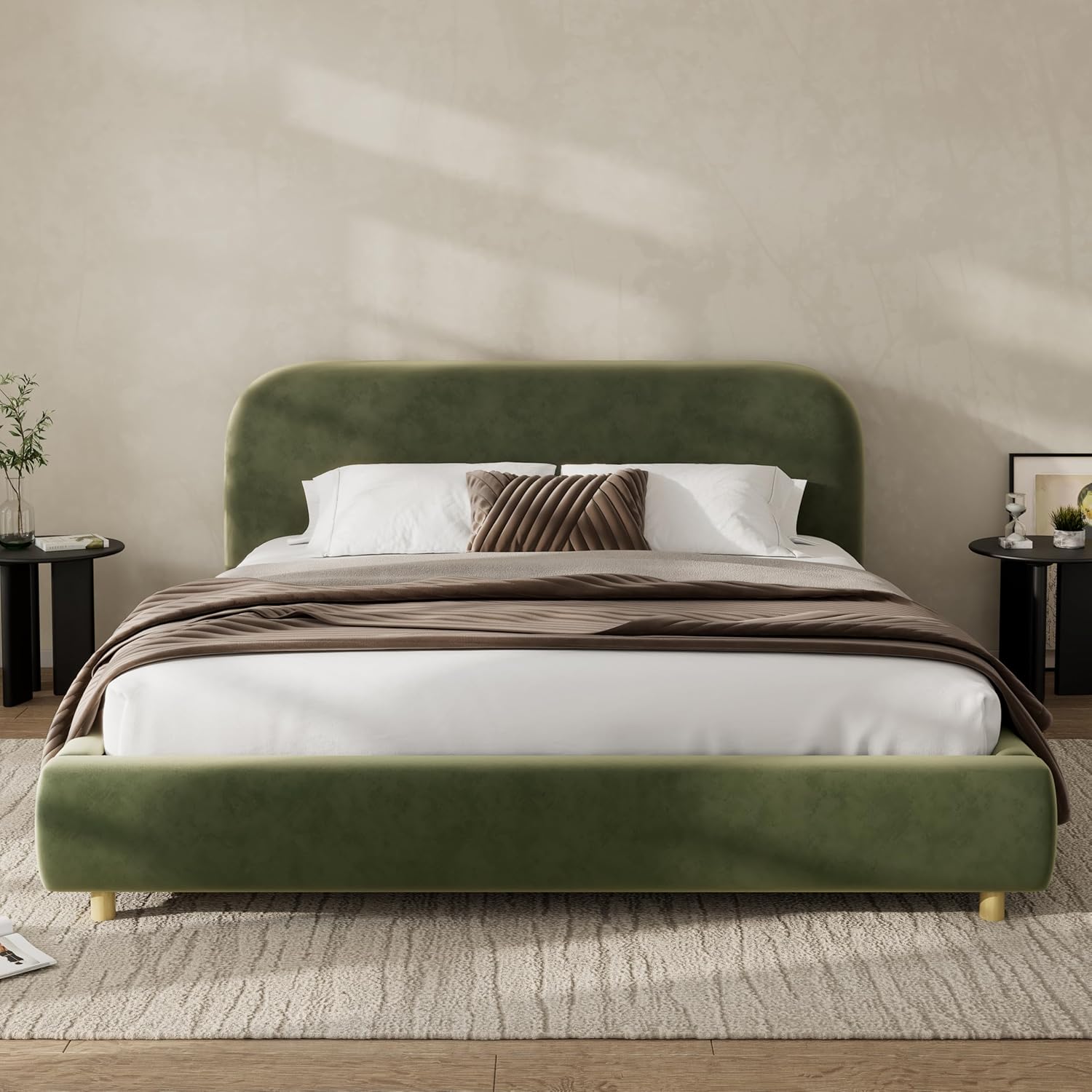 King Size Platform Bed with Curve-Shaped Design Headboard, Velvet Fabric Upholstered Platform Bed with Strong Support, Modern Bed Frame, No Box Spring Needed, Easy Assembly (Olive Green,King,8)