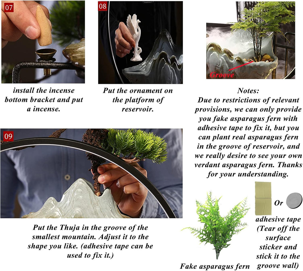 Crane Tabletop Water Fountains Indoor Waterfall with LED Light Mist Desk Fountain for Feng Shui Wealth Boom with Mist and Backflow Incense Holder for Meditation Planting