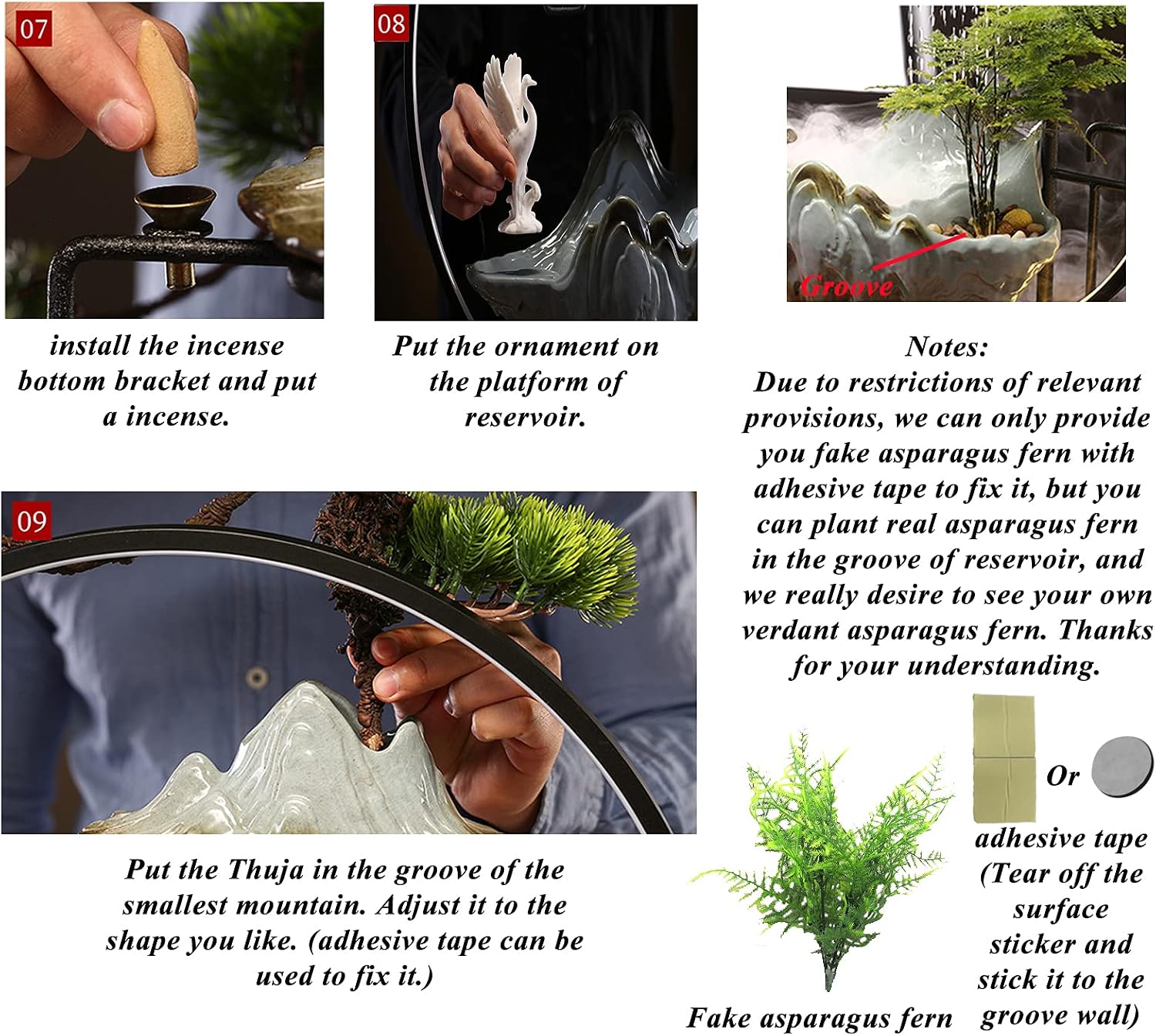 Crane Tabletop Water Fountains Indoor Waterfall with LED Light Mist Desk Fountain for Feng Shui Wealth Boom with Mist and Backflow Incense Holder for Meditation Planting