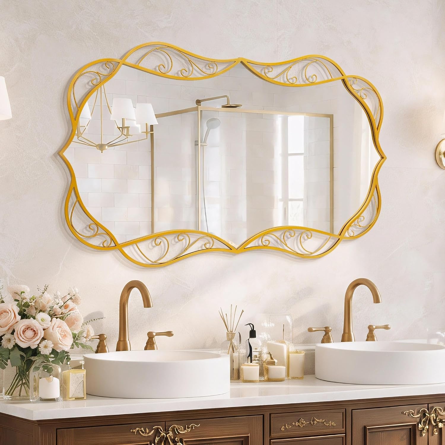 Besdomus Bathroom Gold Wall Mirror: 30'x48' Scalloped Modern Large Wall Mounted Mirror - Farmhouse Vanity Mirror Vertical or Horizontal Hanging - Home Decor for Bathroom/Living Room/Entryway